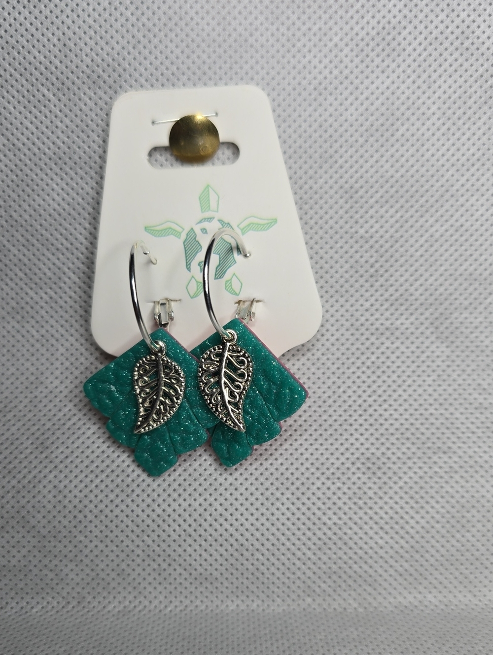 Teal Glitter Leaf Dangle Hoop Earrings - Women Jewelry